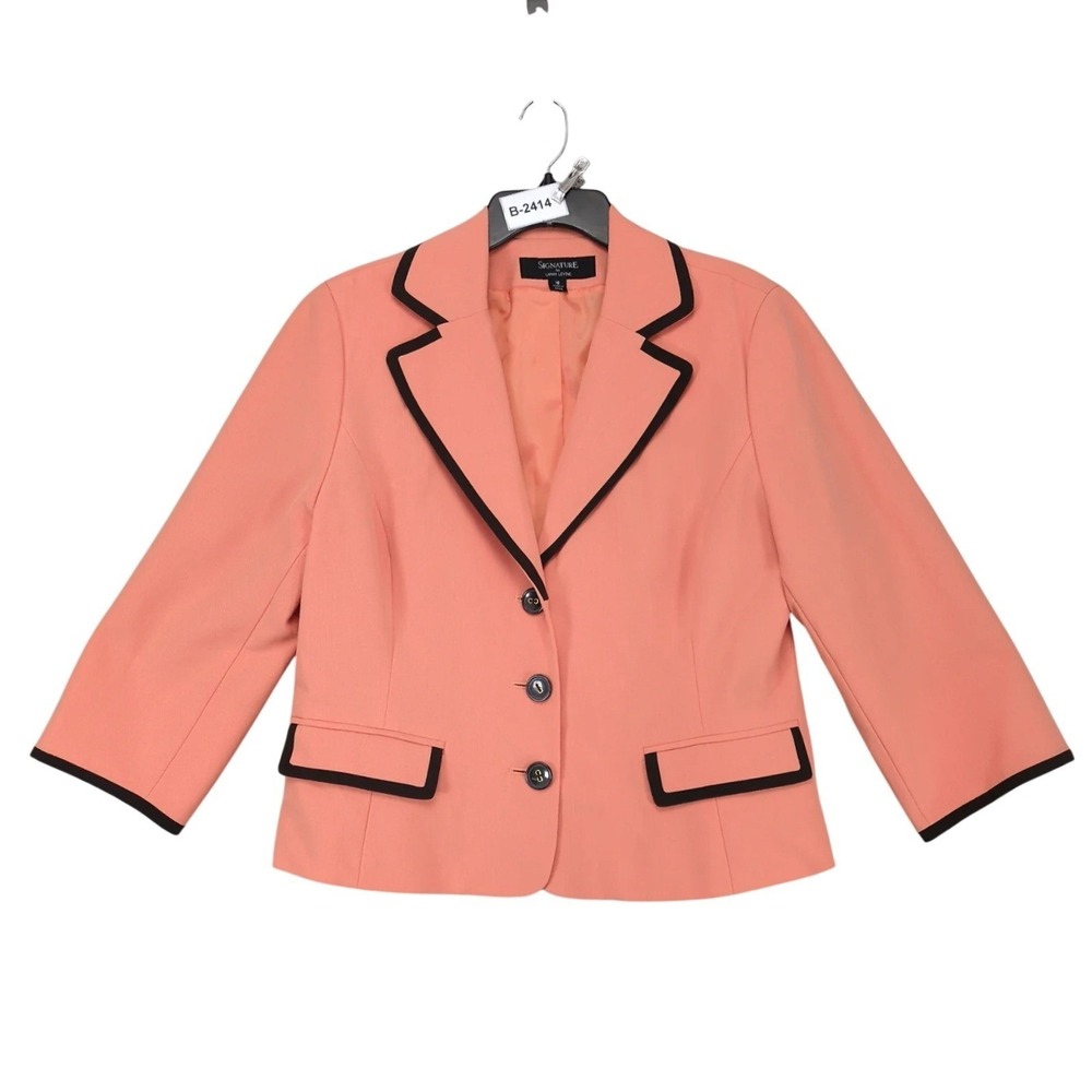 Signature by Larry Levine Orange Blazer Jacket Womens 16 Black Trim 3-Button Mod